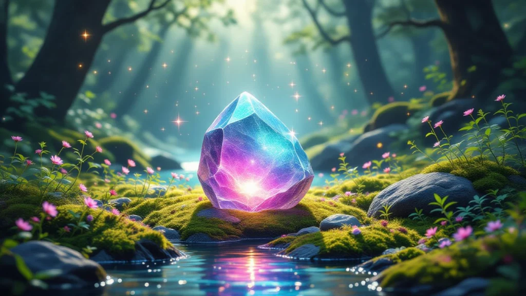 Fénylő kristály egy erdő közepén, vízparton, virágokkal körülvéve.