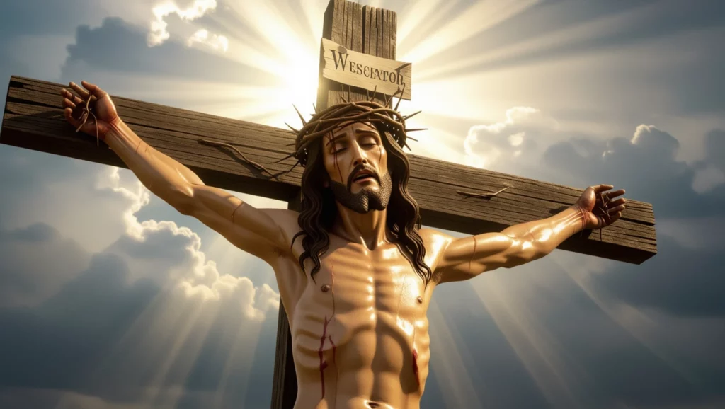 A kereszten szenvedő Krisztus képe, amely az áldozat és a megváltás szimbóluma, álmainkban a hitet és a reményt jelképezheti.