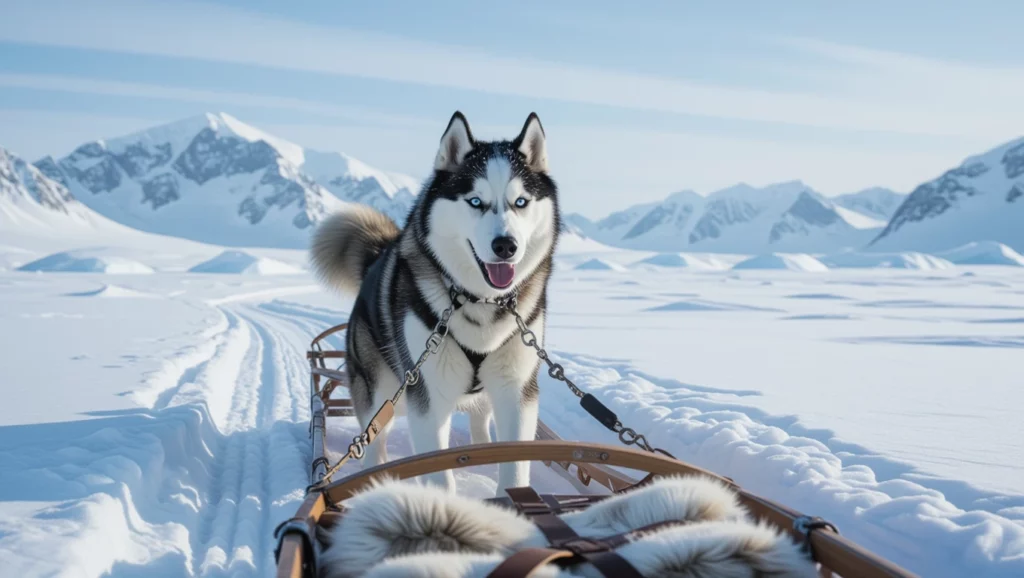 Egy szánhúzó kutya, valószínűleg husky, áll a hóban, miközben szánra van kötve, a háttérben havas hegyek láthatók.