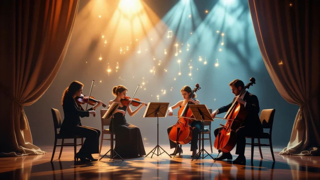 Egy vonósnégyes zenészei játszanak egy színpadon, harmonikus légkörben.