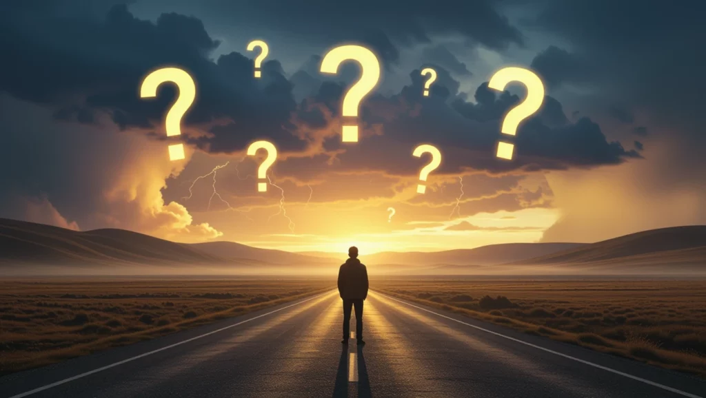 Egy ember áll egy úton, felette kérdőjelek lebegnek a naplementében.