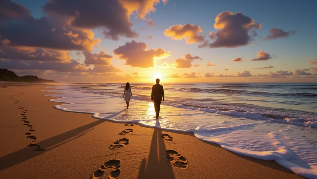 Két ember sétál a tengerparton, lábnyomokat hagyva a homokban naplementekor.