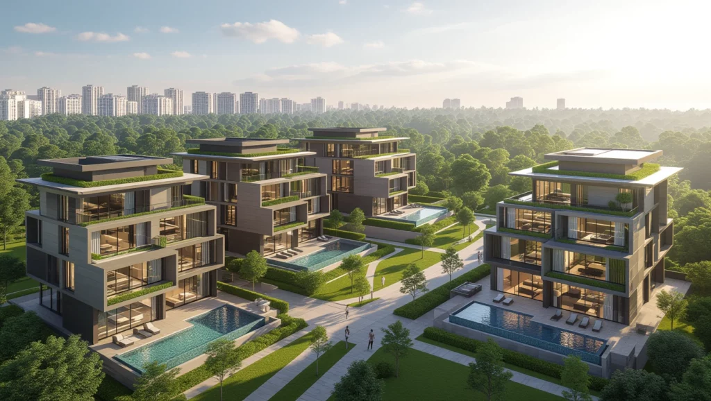 Modern lakótelep zöld környezetben, tágas teraszokkal és medencékkel, ami a közösségi életet és a személyes szabadságot szimbolizálja.