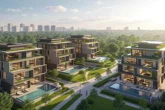 Modern lakótelep zöld környezetben, tágas teraszokkal és medencékkel, ami a közösségi életet és a személyes szabadságot szimbolizálja.