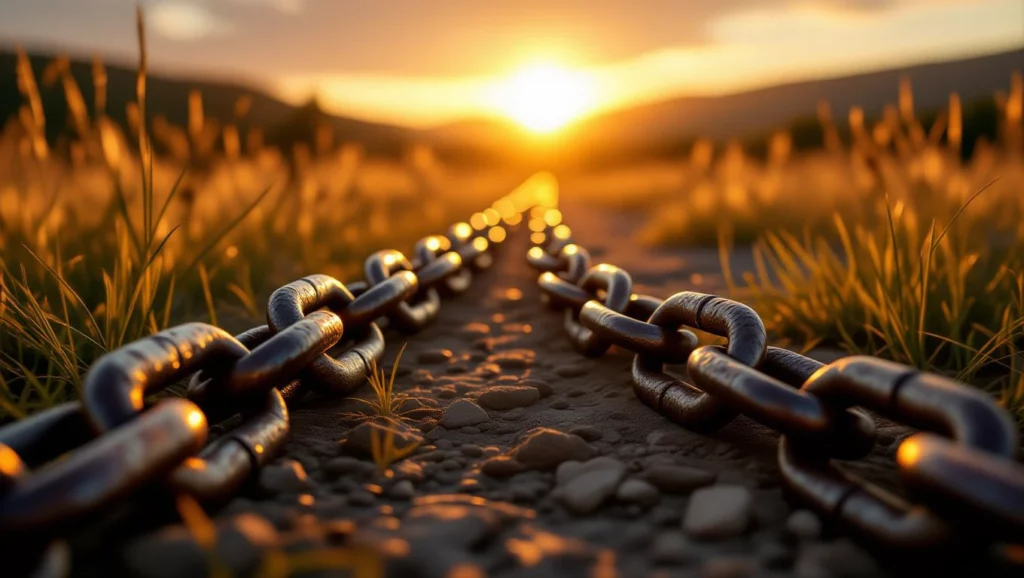 A naplementében csillogó lánc fekszik egy földúton, körülötte zöld fű és kövek. A lánc szimbolizálhatja a kötöttségeket vagy a kapcsolatokat.