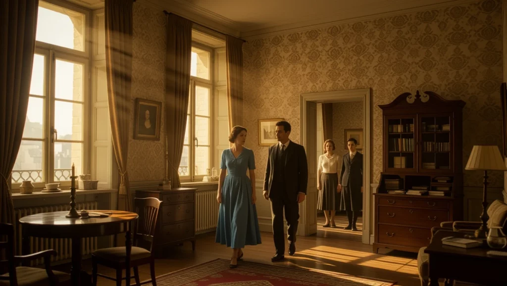 Egy világos, elegáns szobában két ember sétál, miközben egy nő a háttérben figyeli őket. A napfény átszűrődik az ablakokon.