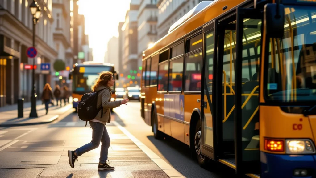 Egy fiatal nő sietve próbál felugrani egy buszra a városban, naplementében.