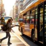 Egy fiatal nő sietve próbál felugrani egy buszra a városban, naplementében.
