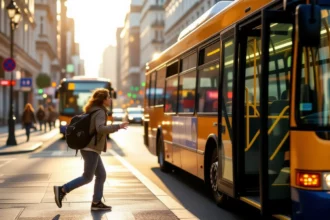 Egy fiatal nő sietve próbál felugrani egy buszra a városban, naplementében.