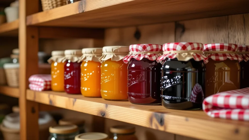 Többféle lekvár üvegekben, fából készült polcon, barátságos környezetben.