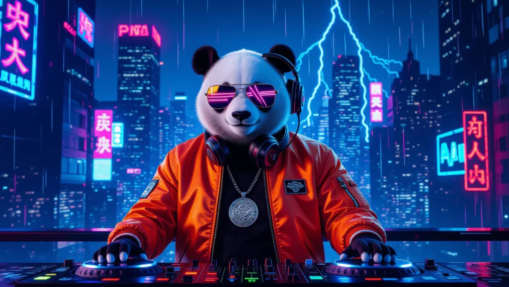 Egy panda lemezlovas színes városi háttér előtt, napszemüvegben és fejhallgatóval, a kreativitás és az önkifejezés szimbólumaként.