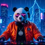 Egy panda lemezlovas színes városi háttér előtt, napszemüvegben és fejhallgatóval, a kreativitás és az önkifejezés szimbólumaként.