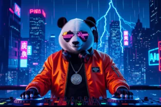 Egy panda lemezlovas színes városi háttér előtt, napszemüvegben és fejhallgatóval, a kreativitás és az önkifejezés szimbólumaként.