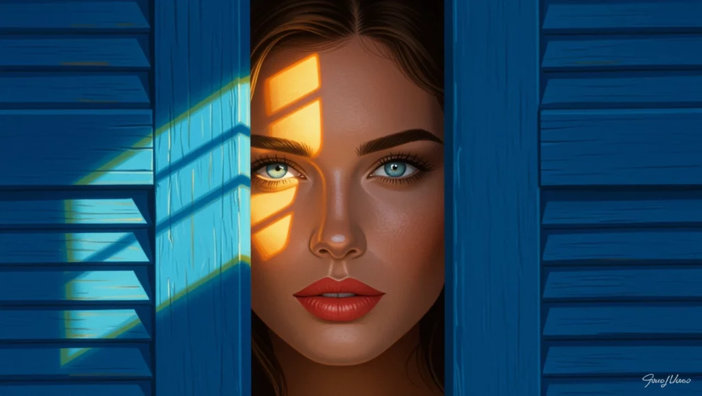 Egy fiatal nő arca látható, akinek szemei a rések között átszűrődő fényben ragyognak, a háttérben kék spaletta.