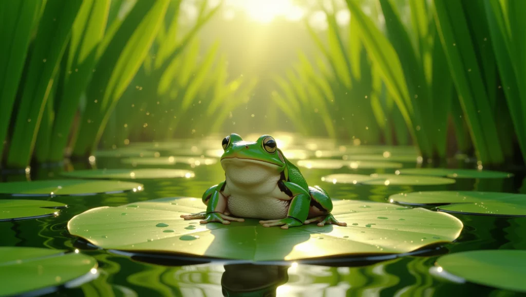 Egy levelibéka ül egy vízililiom levelén, körülötte zöld fű és napfény árad. A kép a megújulás és a változás szimbólumát idézi.
