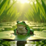 Egy levelibéka ül egy vízililiom levelén, körülötte zöld fű és napfény árad. A kép a megújulás és a változás szimbólumát idézi.