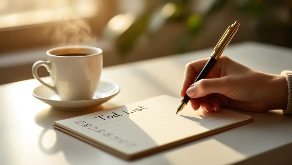 A napi teendők írása kávé mellett, a célok megvalósításának szimbóluma.