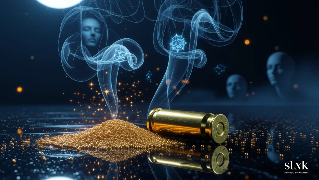 Egy lőporos töltényhüvely és aranyszínű lőpor, körülötte misztikus füst és fények.