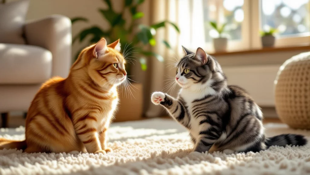 Két macska barátságos pillanata, ami az együttlét és a játék örömét szimbolizálja.