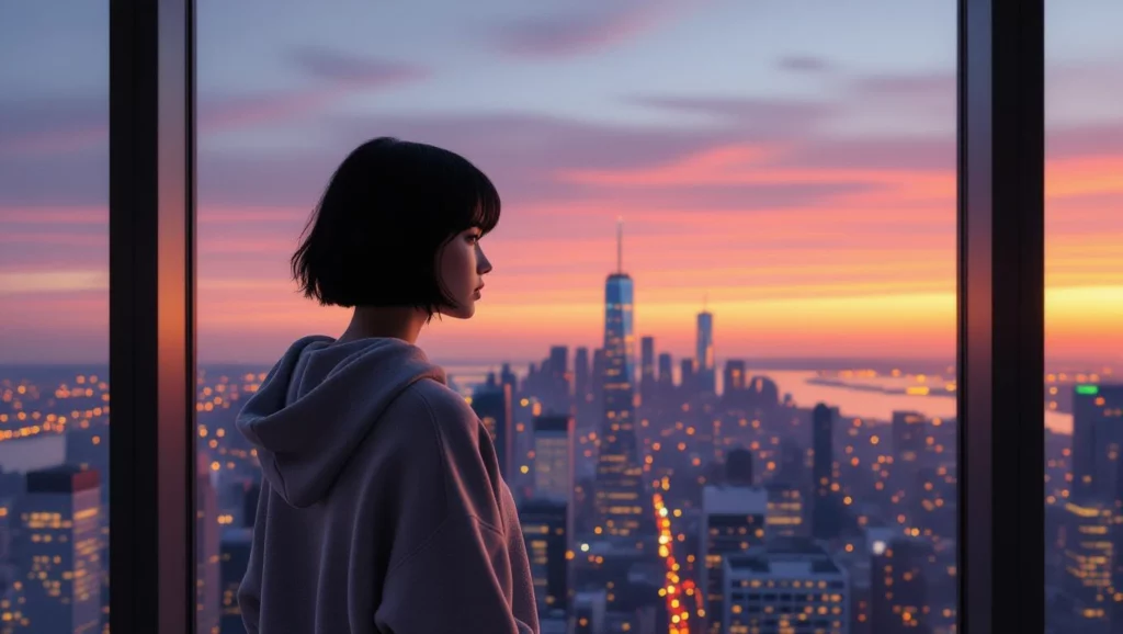 A magányos nő a város fényeit nézi, ami az álmait és vágyait szimbolizálja.