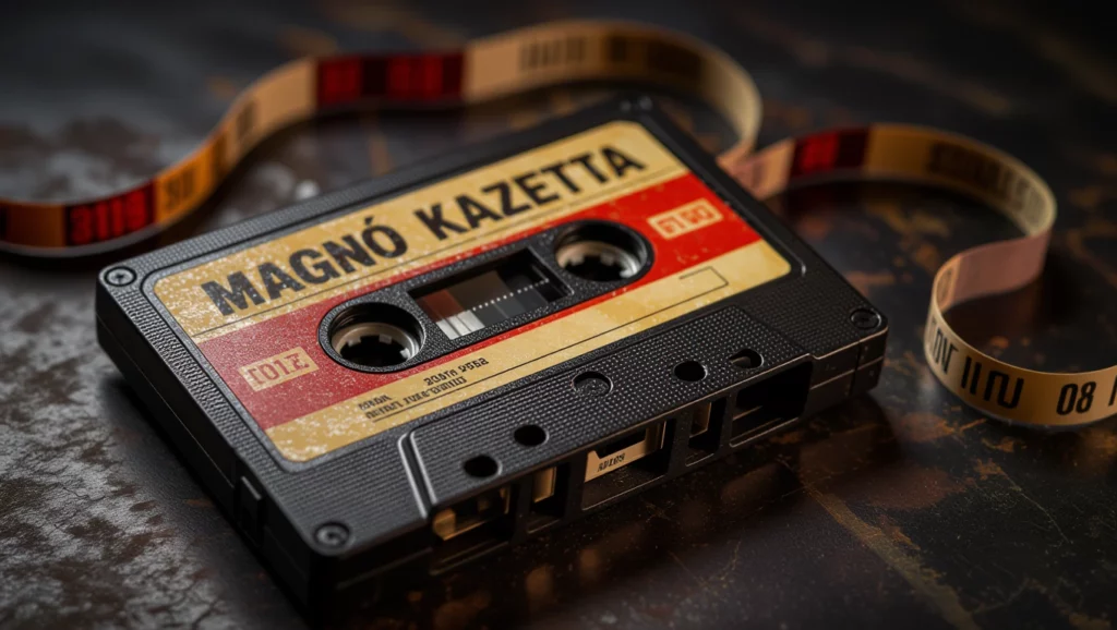 Egy régi magnó kazetta, mellette a kicsavart szalag, a múlt emlékeit idézi.