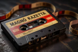Egy régi magnó kazetta, mellette a kicsavart szalag, a múlt emlékeit idézi.
