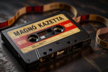 Egy régi magnó kazetta, mellette a kicsavart szalag, a múlt emlékeit idézi.