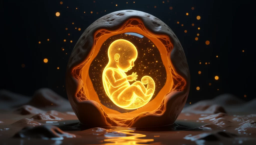 Egy világító magzat látható egy tojásdad alakú, fénylő héjban, ami új kezdeteket szimbolizál.