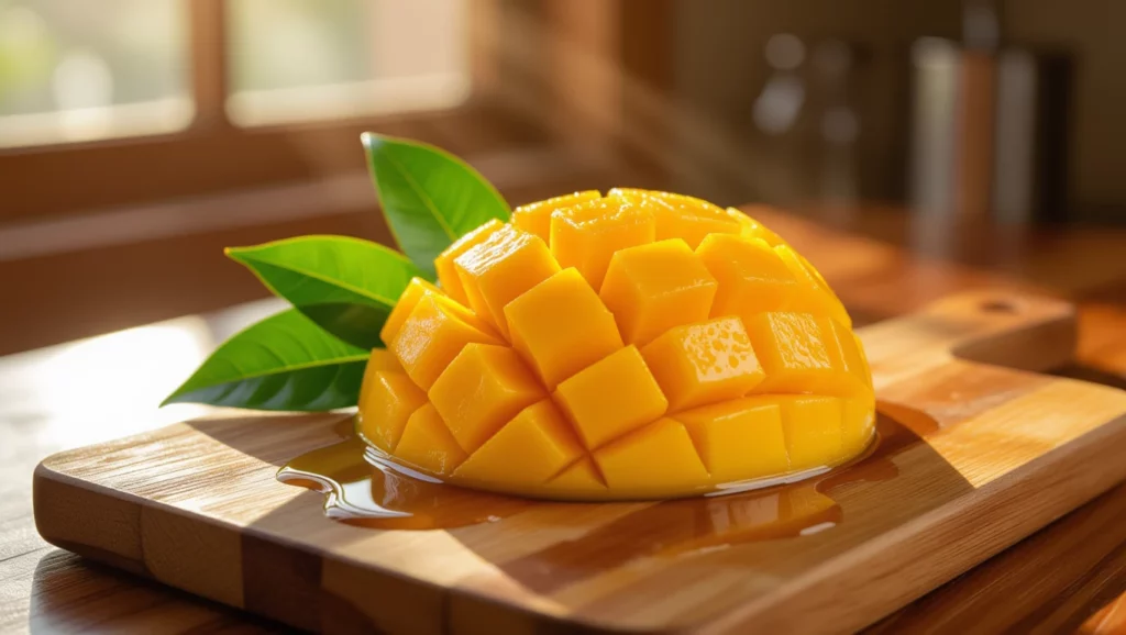 Félbevágott, érett mangó, amelyen a gyümölcs húsának kockákra vágott részei láthatók, friss zöld levelekkel díszítve.