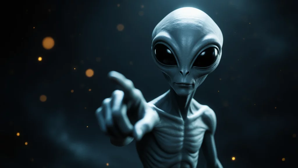 Egy marslakó, aki ujjával mutat, titokzatos üzenetet hordozva.