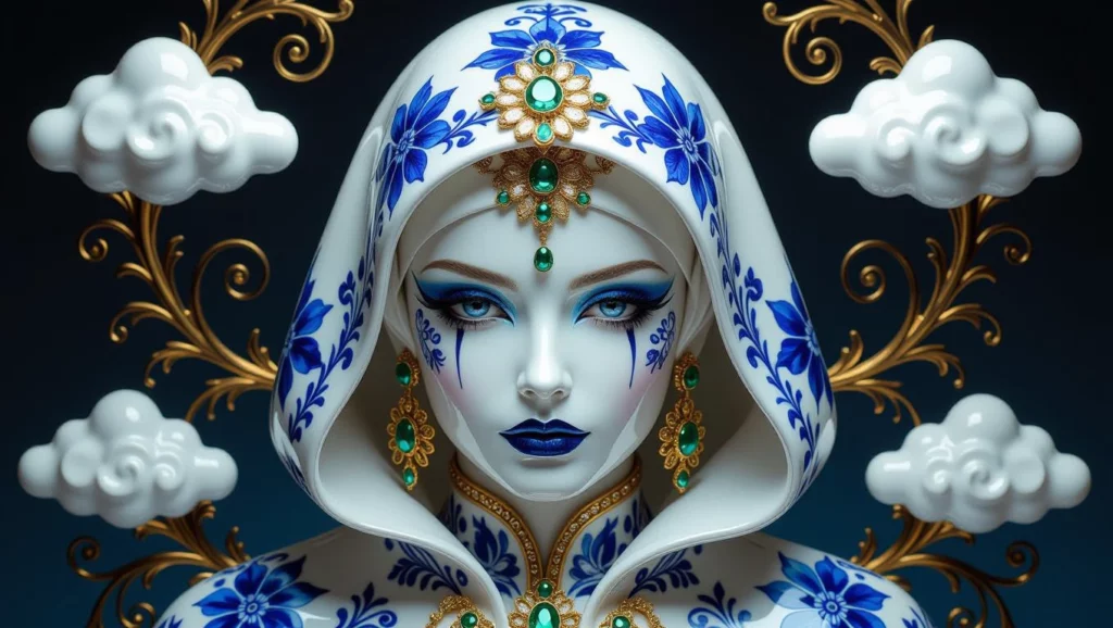 Egy művészi maszk, kék és fehér mintákkal, gazdag díszítéssel és drágakövekkel.