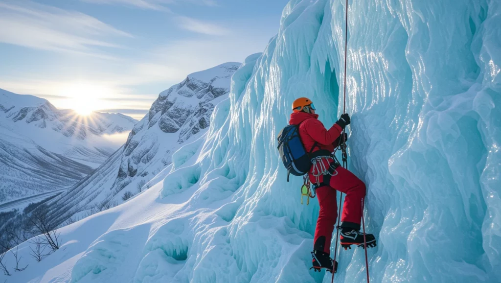 Egy mászó, piros ruhában, jégfalon mászik felfelé a naplementében, a hegyek között.
