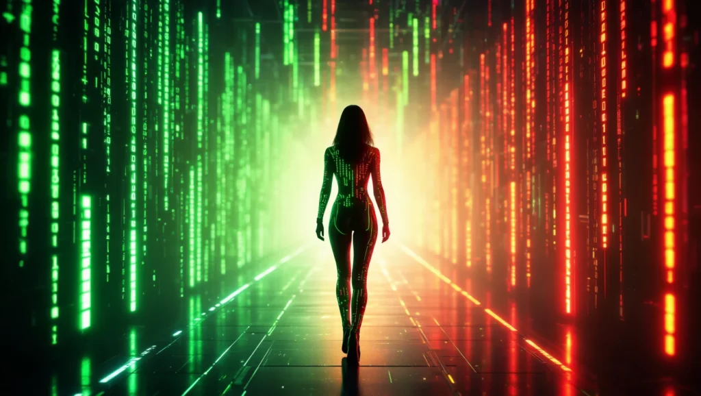 Az álomfejtésben a zöld és piros fények a választásokat és az ellentéteket jelképezik, a női alak pedig a felfedezést.