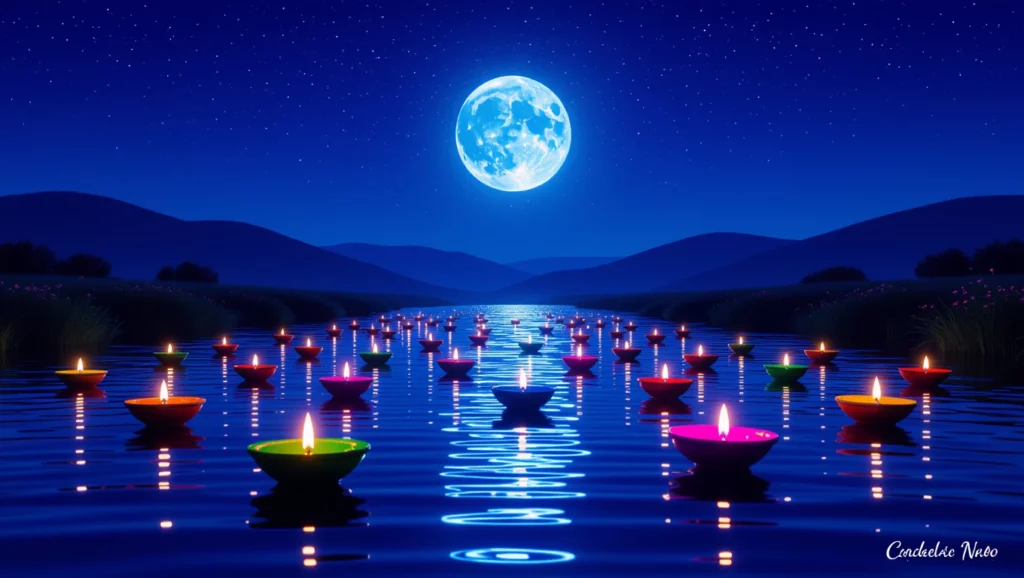 Egy csendes éjszakai táj, ahol mécsesek világítanak a víz felszínén, a telihold fénye alatt.