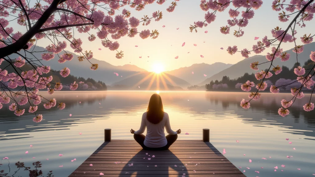Egy nő meditál a vízparton, napfelkeltében, körülötte virágzó fák és lebegő virágszirmok.