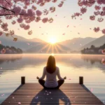 Egy nő meditál a vízparton, napfelkeltében, körülötte virágzó fák és lebegő virágszirmok.