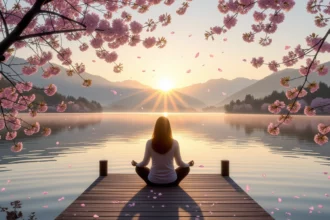 Egy nő meditál a vízparton, napfelkeltében, körülötte virágzó fák és lebegő virágszirmok.
