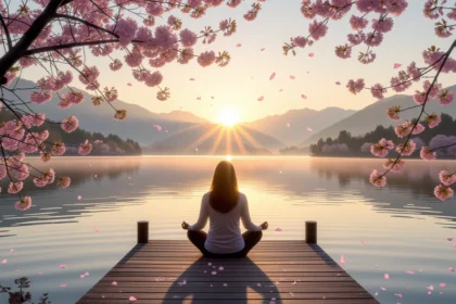 Egy nő meditál a vízparton, napfelkeltében, körülötte virágzó fák és lebegő virágszirmok.