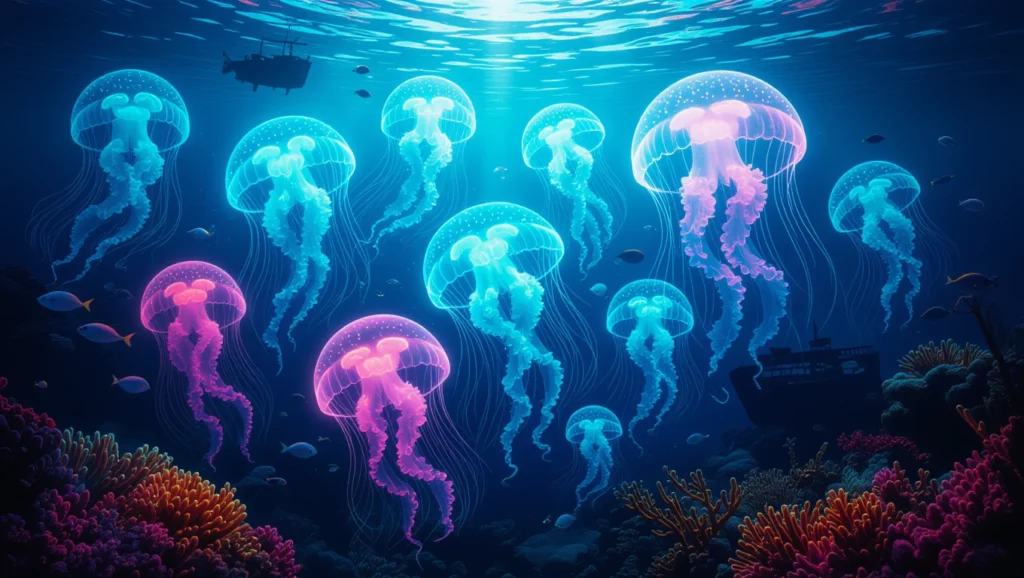 Színes medúzák úsznak a tenger mélyén, körülöttük halak és korallok láthatók.