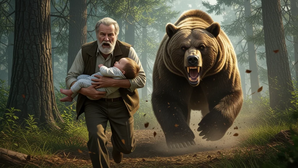 Egy idős férfi egy csecsemőt tartva fut a fák között egy ordító medve elől, ami az álom félelmeit szimbolizálja.
