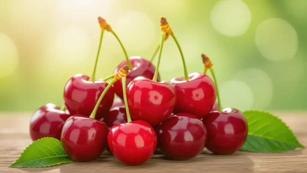 Friss, piros meggyek egy fából készült asztalon, zöld háttérrel.