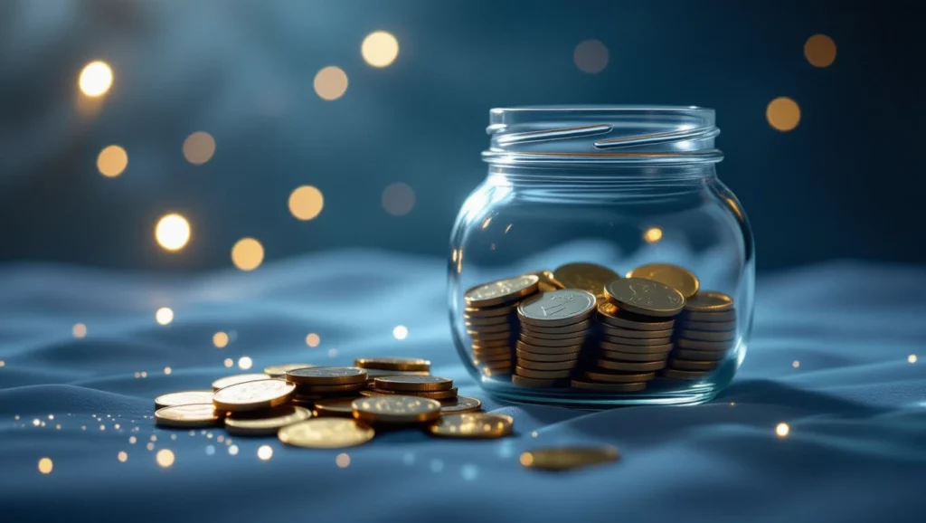 A spórolás szimbóluma, pénzérmék üvegben, álmaink megvalósításához vezethet.