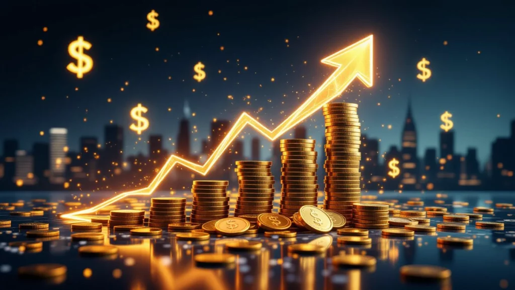 Fényes érmék és növekvő grafikon a megtakarítás szimbolizálására.