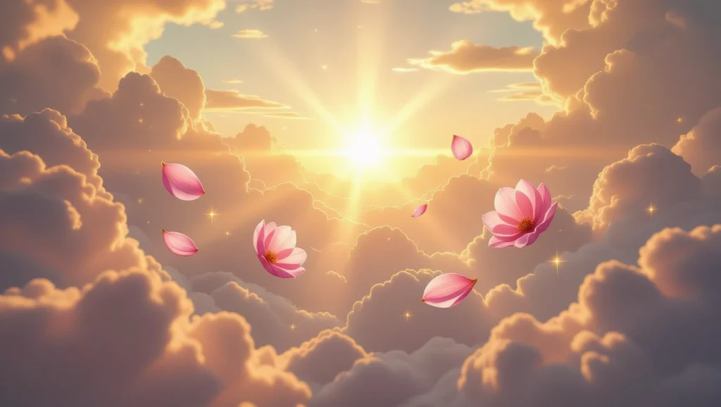 A nap felkeltével a felhők között lebegő virágok és rózsaszín szirmok láthatók, amelyek a megvilágosodás és a belső fejlődés szimbólumai.