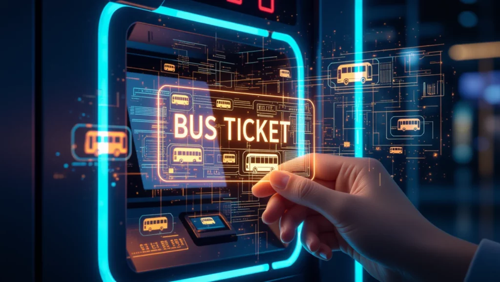 Egy kéz egy digitális buszjegyet tart, háttérben világító jegykiadó automata.