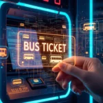 Egy kéz egy digitális buszjegyet tart, háttérben világító jegykiadó automata.