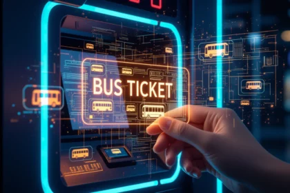 Egy kéz egy digitális buszjegyet tart, háttérben világító jegykiadó automata.