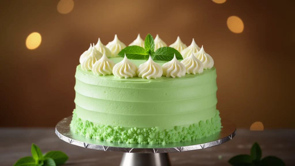 Friss mentás torta díszített tejszínhabbal és menta levéllel, világos háttérben.