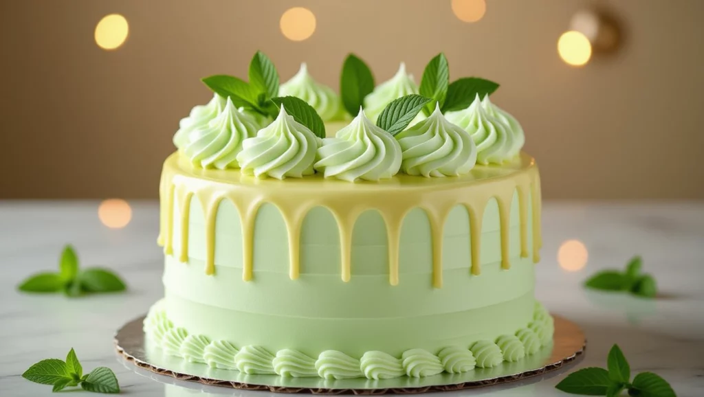 Egy friss mentás torta, zöld krémmel és díszítéssel, amely örömöt sugall.