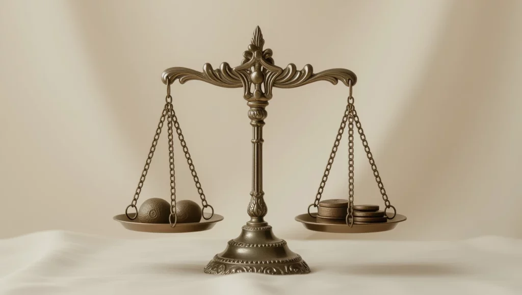 A mérleg az élet egyensúlyát jelképezi, amely a döntések és a választások szimbolikáját hordozza.